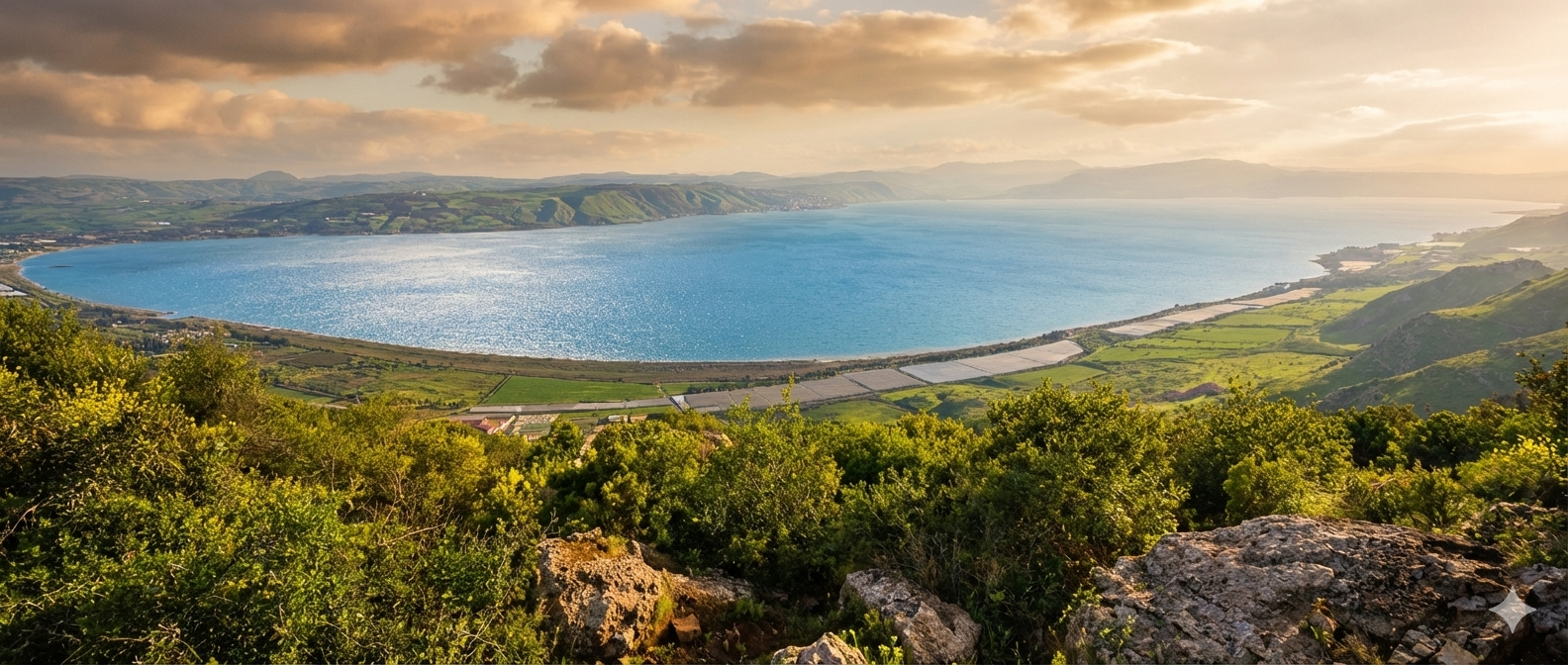 Panoramic view of the Sea of Galilee at sunset